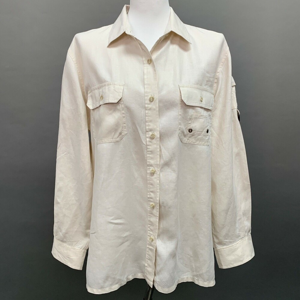 Jones New York Sport Women's Top Large Beige 100% Linen Long Sleeve Roll Tab